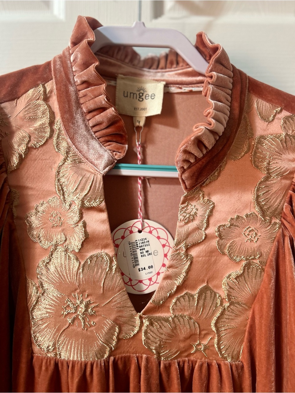 Umgee Rose Gold Velvet Dress with Gold Floral Embroidery